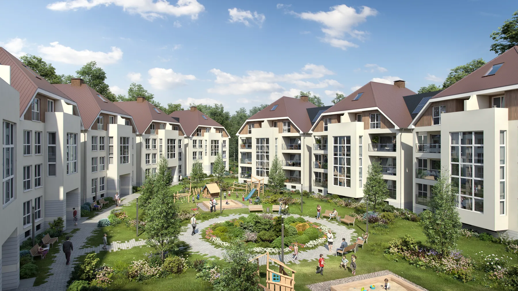 Visualisierung eines Wohnquartiers mit begrüntem Innenhof und Spielplatz